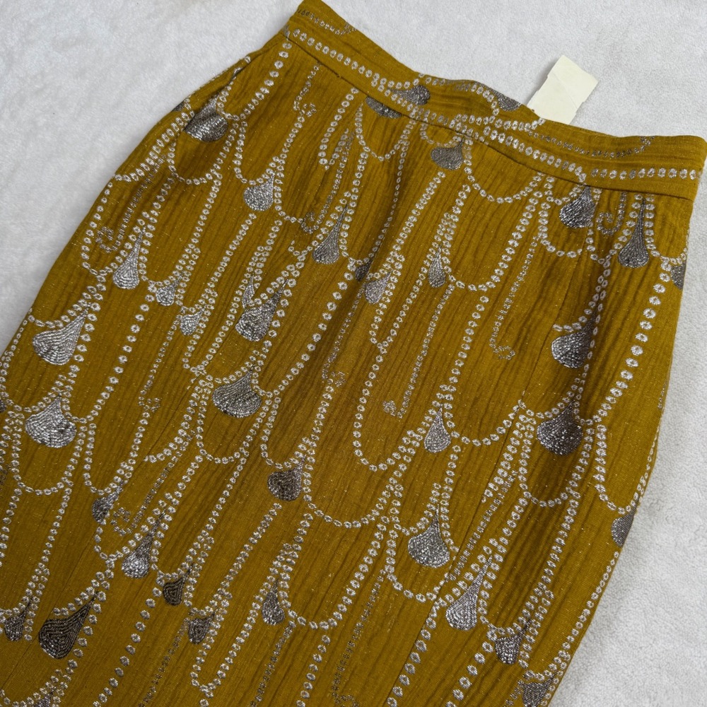 United Bamboo New York Mustard Yellow Metallic Silver Chandelier Pencil Skirt 4